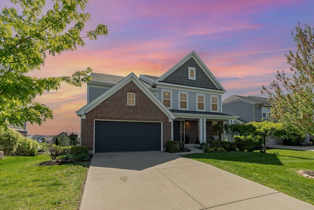 traditional home featuring brick siding, driveway, and a lawn