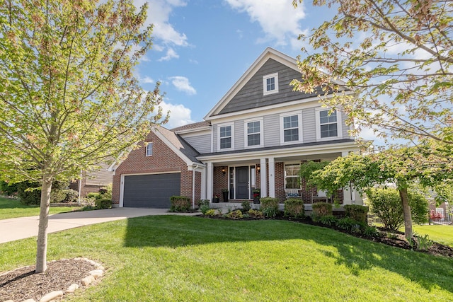 view of front of property featuring driveway, covered porch, a front yard, brick siding, and a garage
