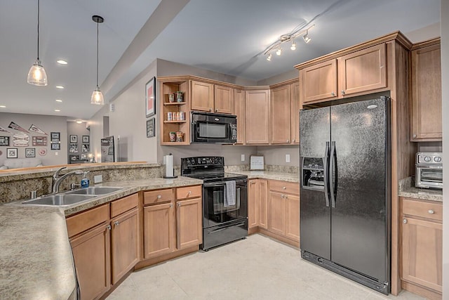 11660 Agarwood Dr, Walton, KY 41094 - kitchen with open shelves, pendant lighting, light countertops, a sink, and black appliances