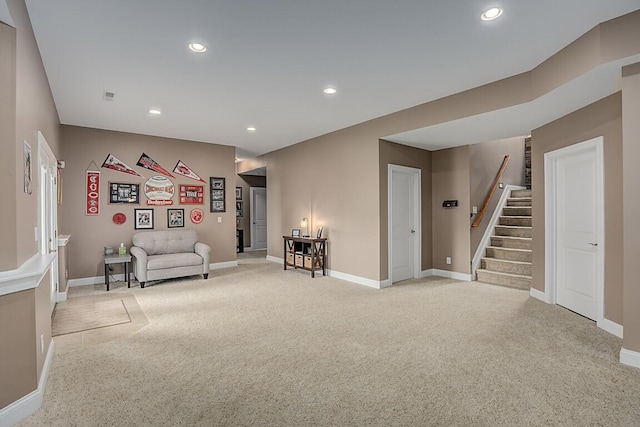11660 Agarwood Dr, Walton, KY 41094 - sitting room with visible vents, light colored carpet, stairs, baseboards, and recessed lighting