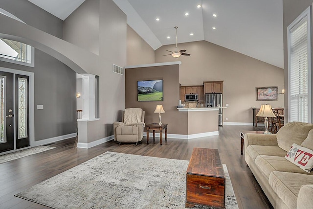 11660 Agarwood Dr, Walton, KY 41094 - living area with visible vents, wood finished floors, high vaulted ceiling, recessed lighting, and a ceiling fan