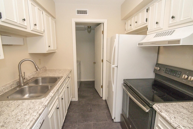 kitchen featuring visible vents, range hood, white cabinetry, stainless steel electric stove, and a sink
