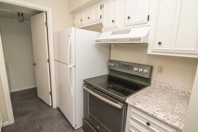 kitchen featuring white cabinetry, range hood, and stainless steel range with electric stovetop