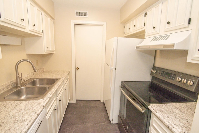 kitchen with white cabinets, a sink, stainless steel electric stove, range hood, and visible vents