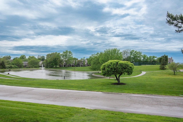 view of community featuring a lawn and a water view