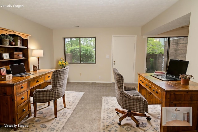 carpeted office with plenty of natural light and baseboards