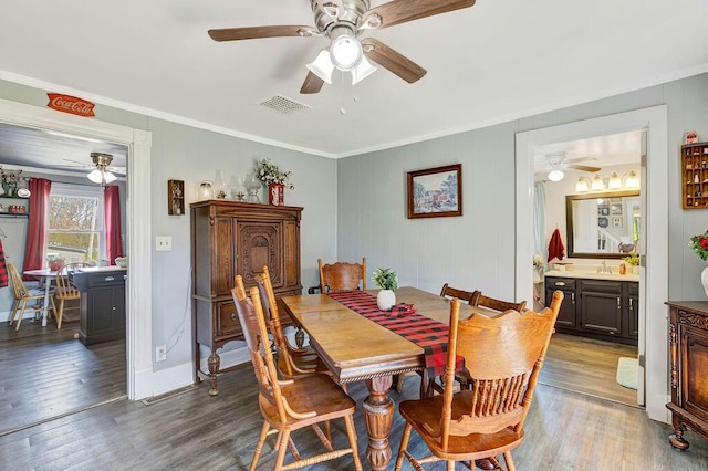 5375 Sherman Mount Zion, Dry Ridge, KY 41035 - dining room with ceiling fan, wood finished floors, crown molding, and baseboards