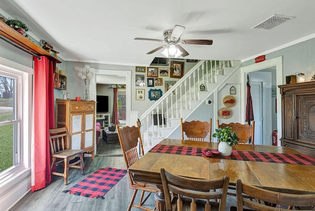 5375 Sherman Mount Zion, Dry Ridge, KY 41035 - dining room with plenty of natural light, crown molding, wood finished floors, ceiling fan, and stairs