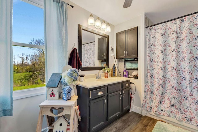 5375 Sherman Mount Zion, Dry Ridge, KY 41035 - full bathroom with vanity, wood finished floors, a ceiling fan, and baseboards
