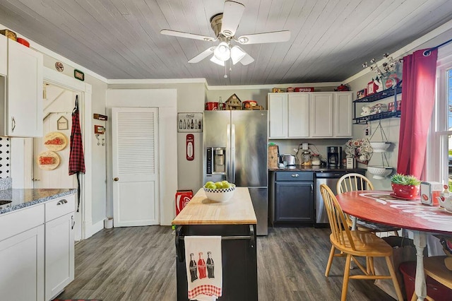 5375 Sherman Mount Zion, Dry Ridge, KY 41035 - kitchen featuring stainless steel refrigerator with ice dispenser, ceiling fan, wood counters, dark wood-style flooring, and ornamental molding