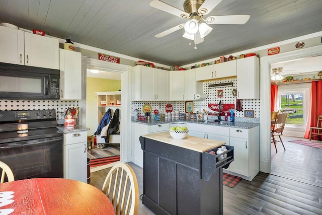 5375 Sherman Mount Zion, Dry Ridge, KY 41035 - kitchen with black appliances, a ceiling fan, white cabinets, dark wood finished floors, and wood ceiling