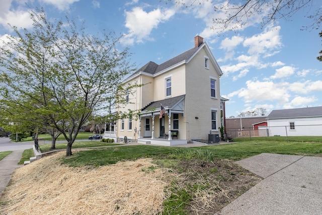 118 Electric Ave, Southgate, KY 41071 - rear view of house featuring a chimney, fence, central air condition unit, a patio area, and a lawn