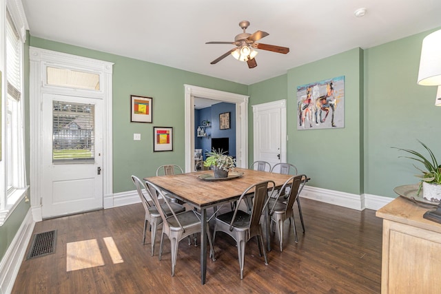 118 Electric Ave, Southgate, KY 41071 - dining space with dark wood-type flooring, visible vents, baseboards, and ceiling fan