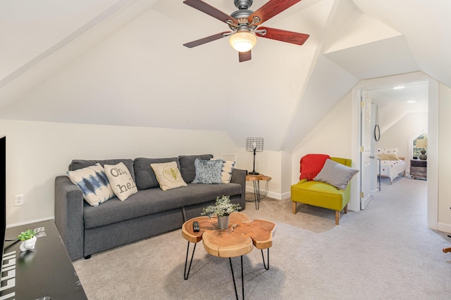 118 Electric Ave, Southgate, KY 41071 - carpeted living area featuring vaulted ceiling, baseboards, and ceiling fan