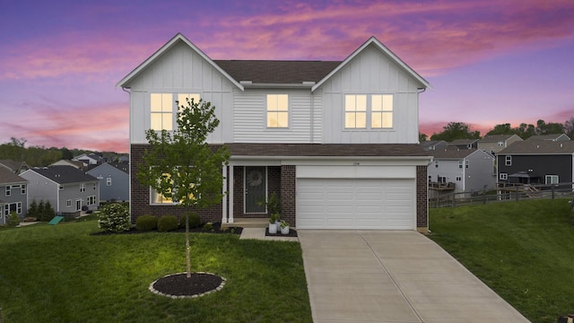 traditional home featuring brick siding, board and batten siding, and a front yard