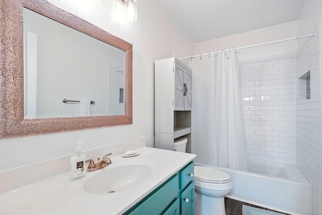 full bath with toilet, vanity, and shower / bath combination with curtain