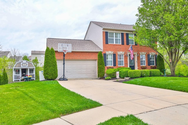 colonial inspired home with a garage, driveway, brick siding, and a front yard