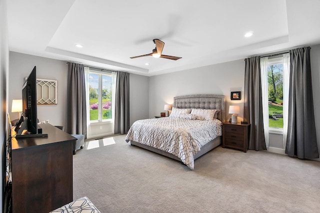 bedroom with a tray ceiling and multiple windows