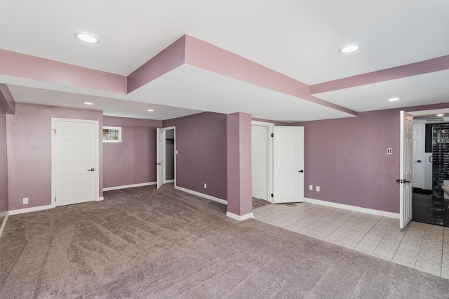 finished basement with baseboards, carpet flooring, and recessed lighting