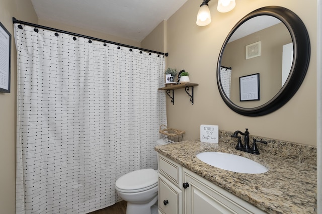bathroom featuring vanity, toilet, curtained shower, and wood finished floors