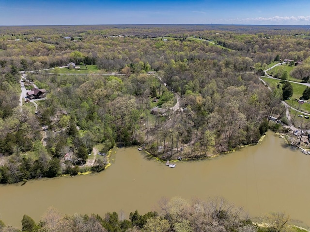 bird's eye view with a water view and a wooded view