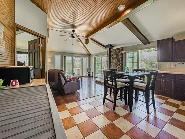 dining area featuring a healthy amount of sunlight, ceiling fan, and lofted ceiling with beams