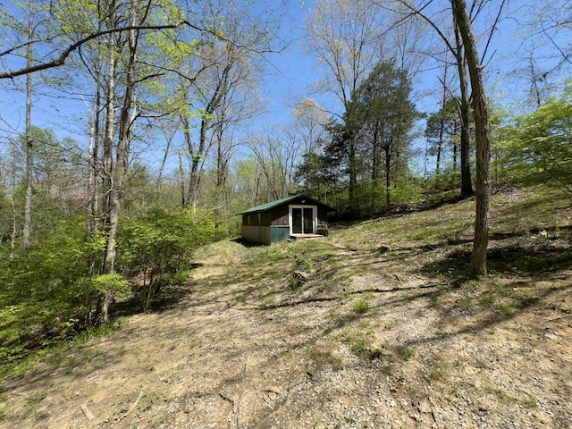 view of yard with a storage unit, an outbuilding, and a view of trees