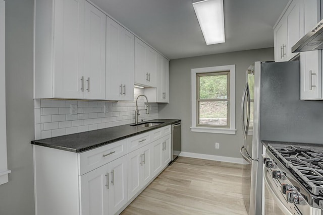 kitchen featuring baseboards, white cabinetry, tasteful backsplash, a sink, and appliances with stainless steel finishes