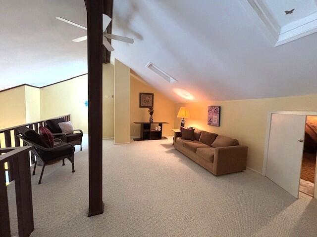 40 Fairway Ct Unit 14, Perry Park, KY 40363 - carpeted living room featuring ceiling fan and lofted ceiling