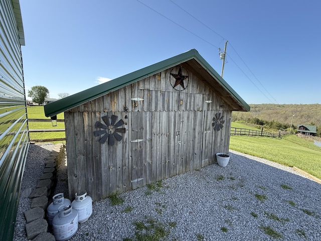 view of outbuilding with fence and an outdoor structure