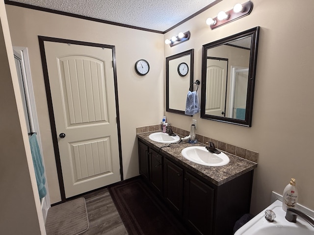 full bathroom featuring double vanity, a textured ceiling, wood finished floors, and a sink