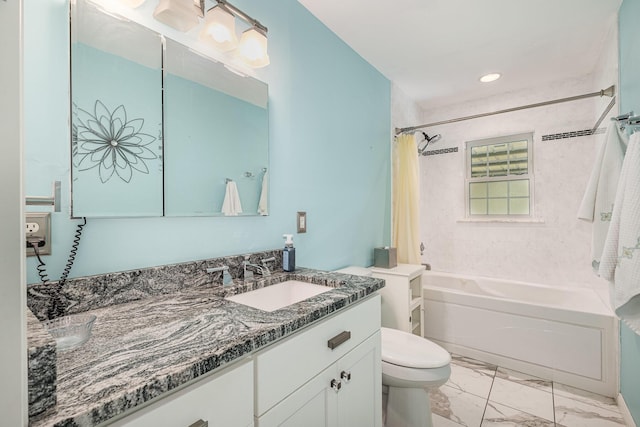 full bathroom with vanity, marble finish floor, toilet, shower / bathtub combination with curtain, and recessed lighting