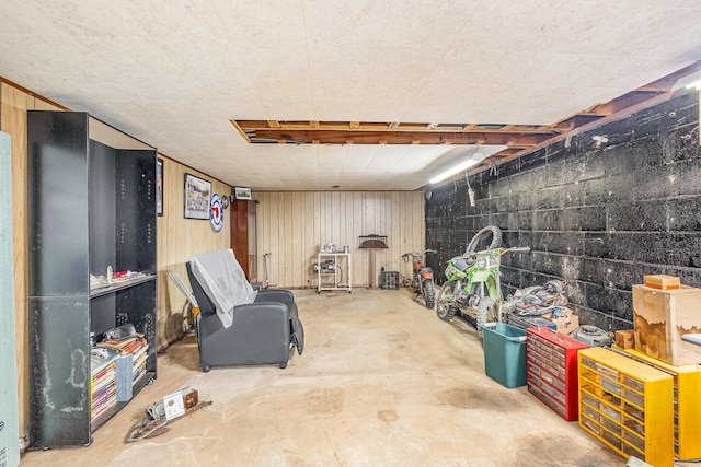 below grade area featuring wood walls