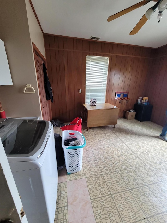 103 N Main St, Crittenden, KY 41030 - washroom featuring washer / clothes dryer, a ceiling fan, and wood walls