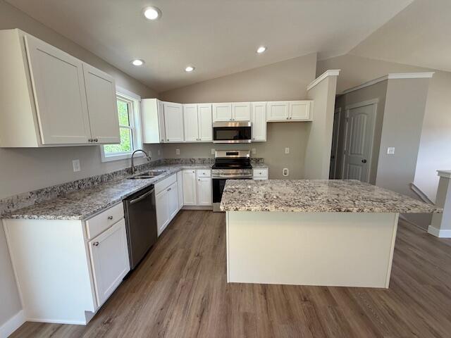 kitchen with appliances with stainless steel finishes, a sink, lofted ceiling, and wood finished floors