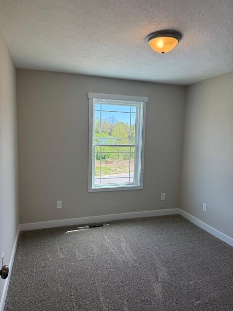 spare room featuring baseboards, a textured ceiling, and carpet