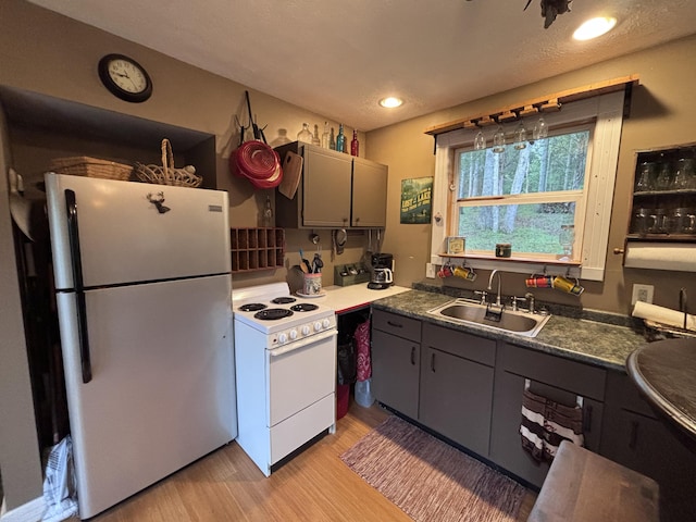 kitchen with white appliances, gray cabinets, a sink, and light wood-style flooring