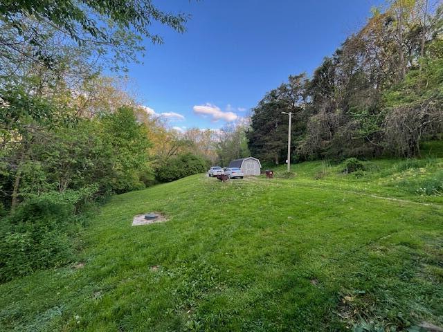 view of yard featuring a wooded view, an outdoor structure, and a storage unit