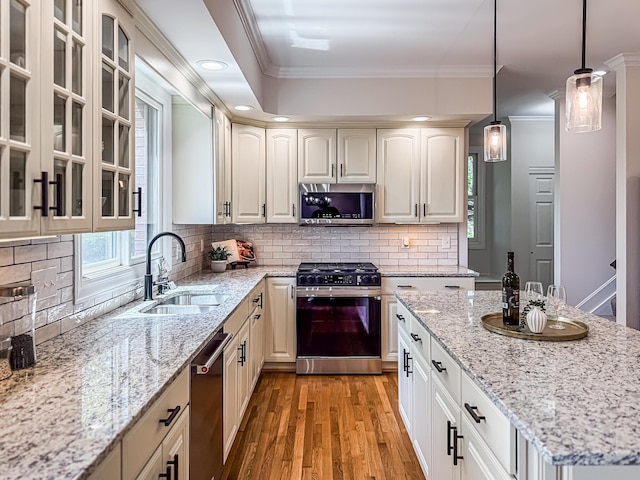 kitchen with light stone countertops, hanging light fixtures, a sink, light wood-style flooring, and stainless steel appliances