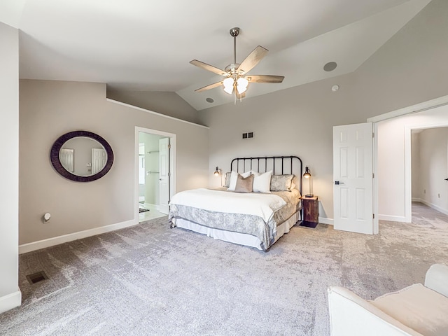 carpeted bedroom featuring baseboards, visible vents, a ceiling fan, and lofted ceiling
