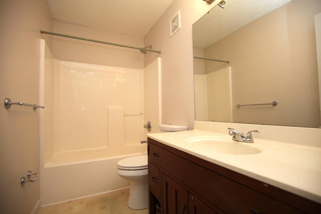 full bathroom featuring vanity, shower / bathtub combination, toilet, a textured ceiling, and visible vents