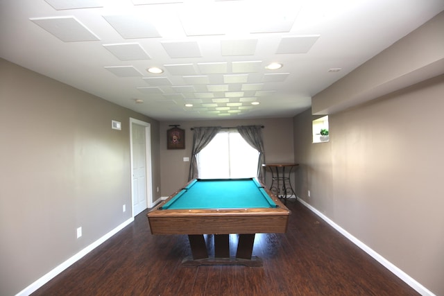 rec room with baseboards, billiards, recessed lighting, and wood finished floors