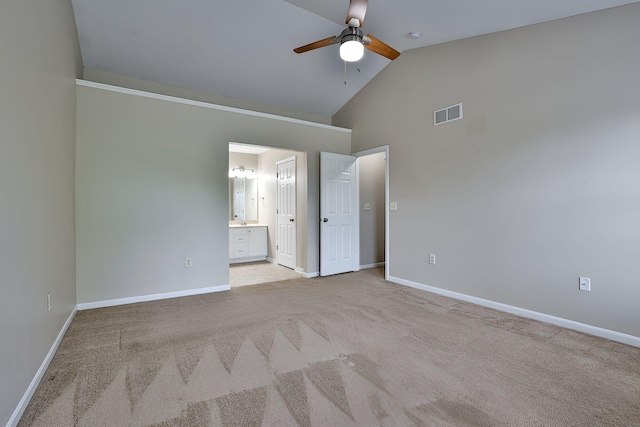 1609 Woodfield Ct, Hebron, KY 41048 - unfurnished bedroom with light colored carpet, high vaulted ceiling, ensuite bath, and ceiling fan