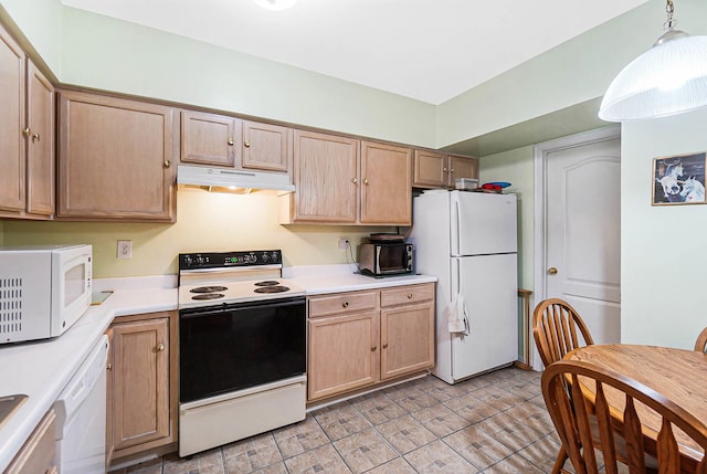 kitchen featuring under cabinet range hood, white appliances, light countertops, hanging light fixtures, and light brown cabinets
