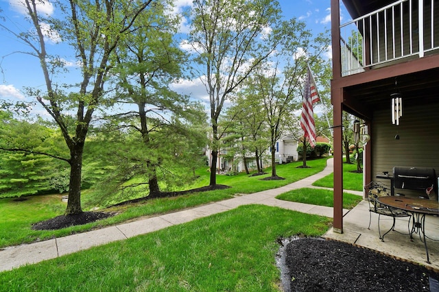 view of green lawn with a patio area