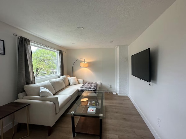 living area with baseboards, a textured ceiling, and wood finished floors