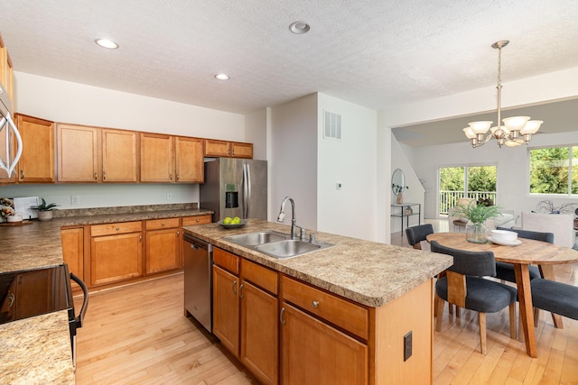 kitchen with appliances with stainless steel finishes, a sink, visible vents, and light wood-type flooring