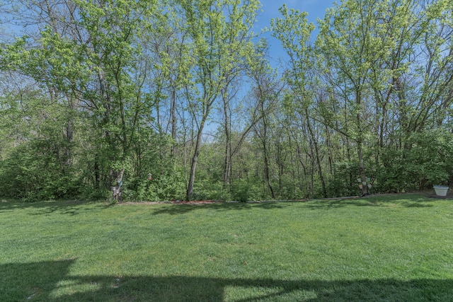 view of green lawn with a wooded view