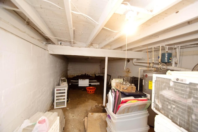 unfinished below grade area featuring concrete block wall and water heater