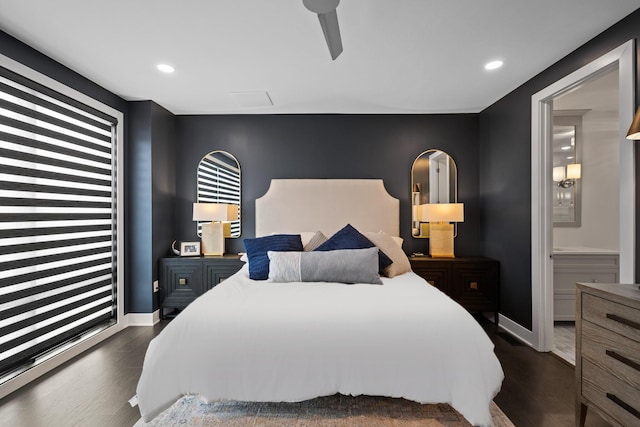 bedroom with baseboards, ceiling fan, recessed lighting, and wood finished floors